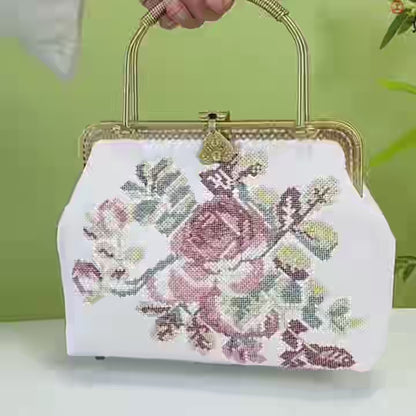 Vintage Rose Embroidered Purse with Metal Handle