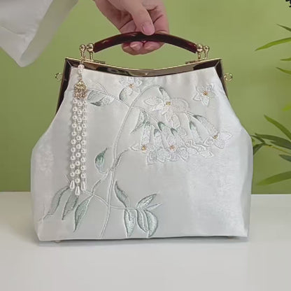White Pear Blossom Embroidered Kiss Lock Clutch with Pearl Tassel
