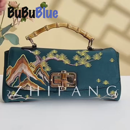 Mountain Pine Embroidered Boston Bag with Bamboo Handle