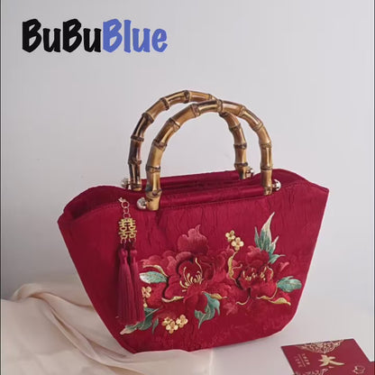 Red Peony Bloom Embroidered Tote Bag with Bamboo Handle