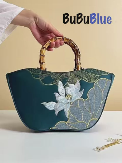 Lotus Embroidery Bamboo Handle Tote Bag