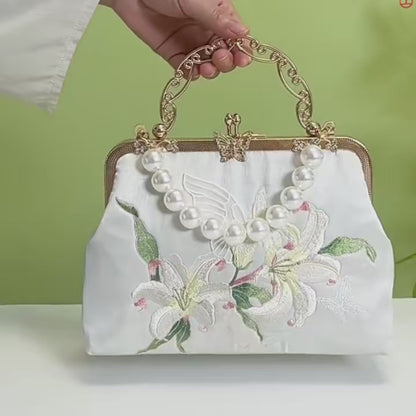 Lily Embroidered Pearl Handle Vintage Evening Clutch with Butterfly Kiss Lock