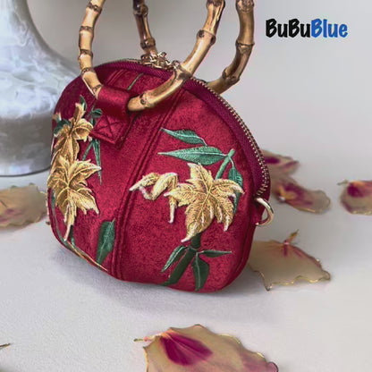 Maple Leaf Embroidered Pumpkin Handbag with Bamboo Handle
