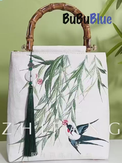 Swallow & Willow Embroidered White Tote Bag with Bamboo Handle