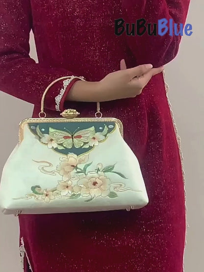 BUBUBLUE Chinese Style Embroidered White Vintage Square Cheongsam Handbag With Long Chain