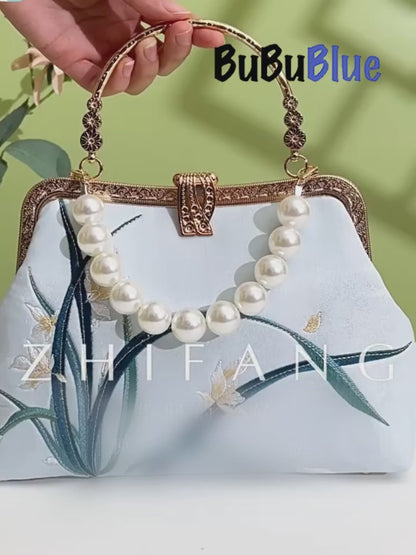 Orchid Embroidered Pearl Handle Handbag with Metal Lock