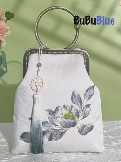 White Lotus Pod Embroidery Handbag with Kiss-Lock