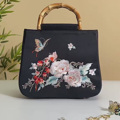 Butterfly Embroidered Floral Bamboo Black Tote Bag with Handle Bag