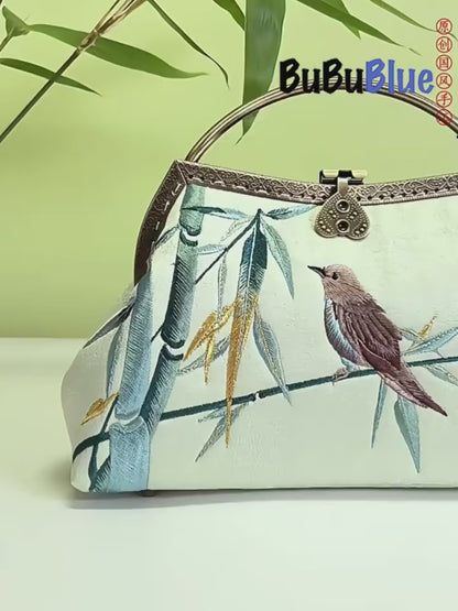 Magpie and Bamboo Embroidered Handbag with Metal Handle