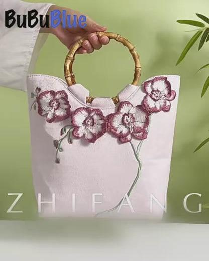 3D Embroidered Flowers & Bamboo Handle White Tote Bag