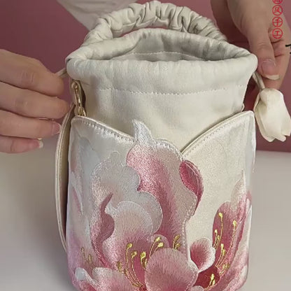 Peony Embroidered Vintage Bucket Bag with Drawstring Closure