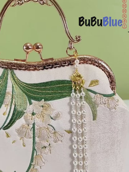 Lily of the Valley Embroidered Kiss-Lock White Handbag with Pearl Tassel