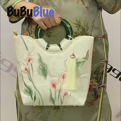 Calla Lily Embroidered Tote Bag with Vintage Green Acrylic Handle