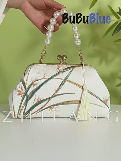Orchid Bloom Embroidered Kiss-Lock Handbag with Pearl Handle
