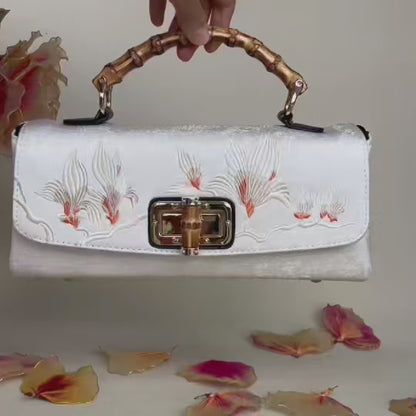 Magnolia Embroidered Boston Bag with Crossbody Chain