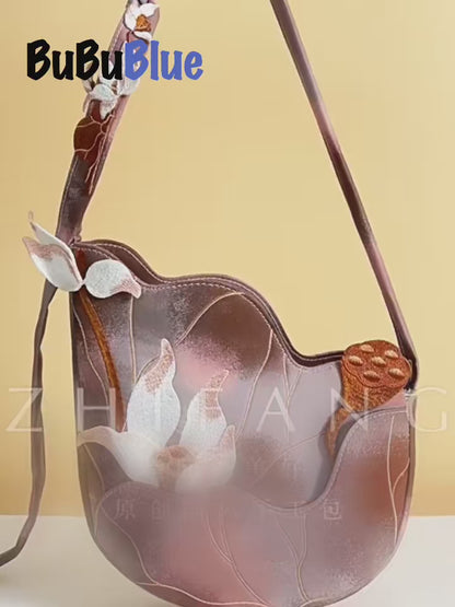 3D Lotus Embroidered Tie-dye Brown Crossbody Bag