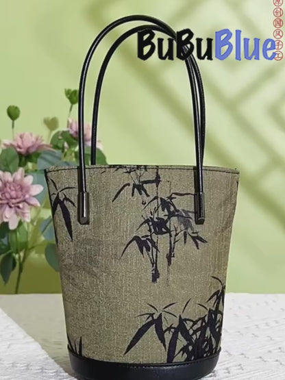 Ink Bamboo Printed Green Bucket Bag with Leather Strap