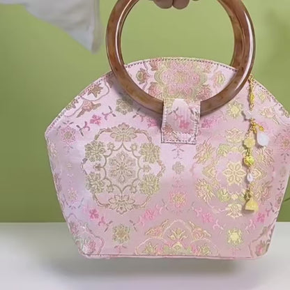 Round Wood Handle Shell Pink Brocade Bag Shaped Purse with Tasse