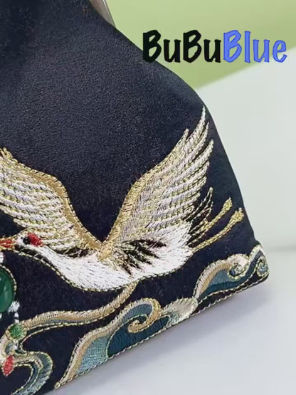Embroidered Crane Handbag with Metal Kiss Lock