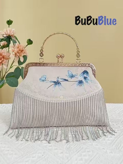 Butterfly Embroidered Tassel White Evening Bag