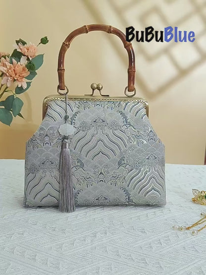 Cloud Brocade Handbag with Wooden Handle
