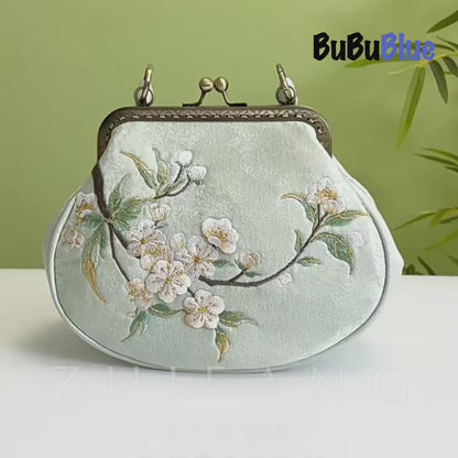 Vintage Pear Blossom Embroidered Shell Handbag with Kiss Lock