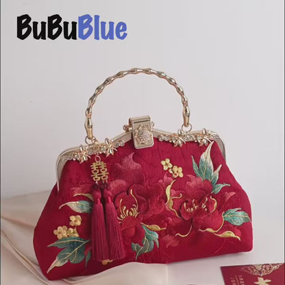 Red Peony Bloom Embroidered Handbag Bag with Pearl Handle