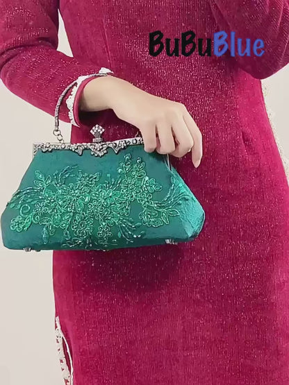 Emerald Embroidery Luxury Elengant  Handbags With Vintage Metal Handle