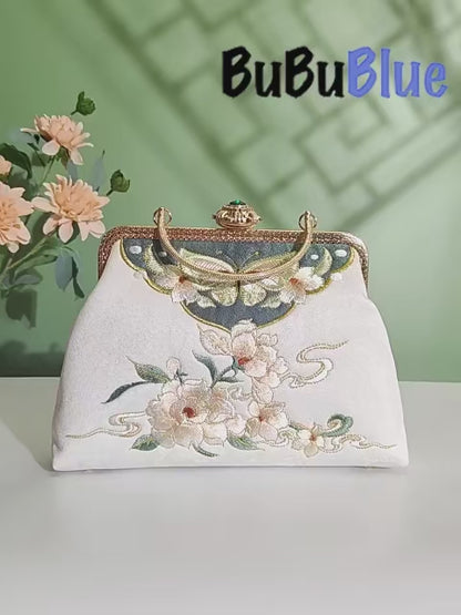 Butterfly Garden Embroidered White Handbag with Gem Lock