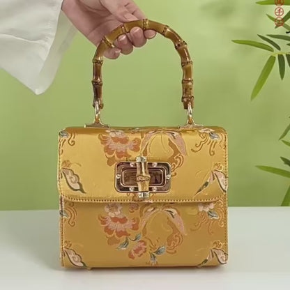 Gold Brocade Square Clutch Box with Bamboo Handle
