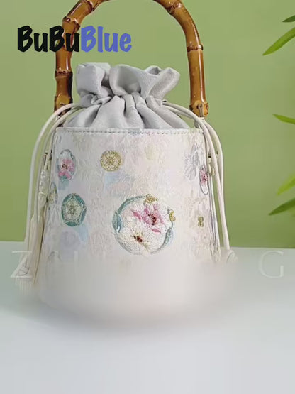 Floral Embroidered Satin Bucket Bag with Bamboo Handle