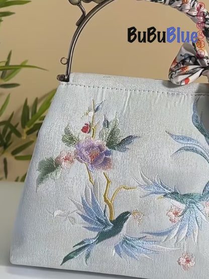 Kiss-Lock Embroidered Bird & Blossom Handbag with Silk Scarf