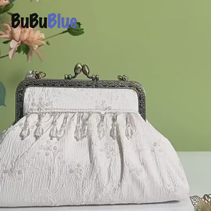 Vintage Pearl Tassel Satin Evening Bag with Kiss Lock（White/Black)