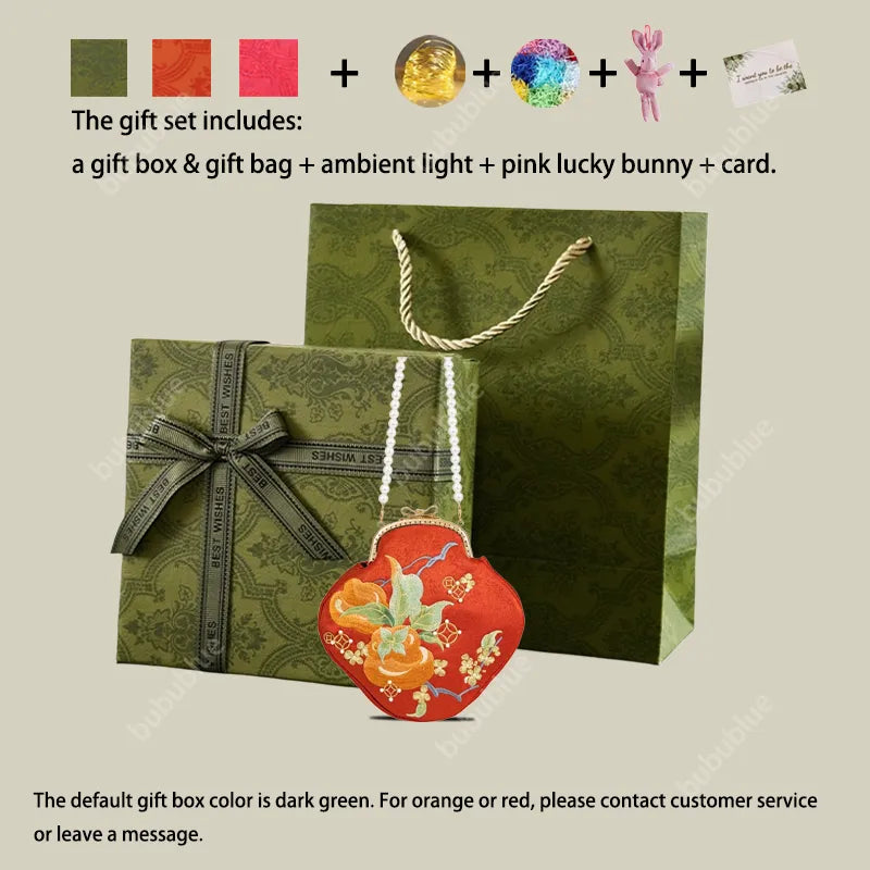 Persimmon Embroidered Pearl Chain Kiss-Lock Crossbody Bag