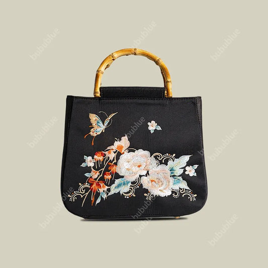 Butterfly Embroidered Floral Bamboo Black Tote Bag with Handle Bag