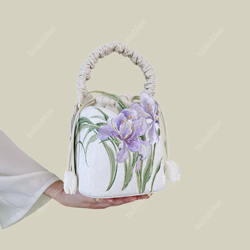 Purple Iris Embroidered Drawstring Bucket Bag