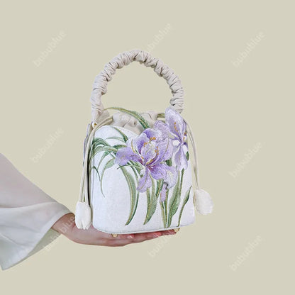 Purple Iris Embroidered Drawstring Bucket Bag