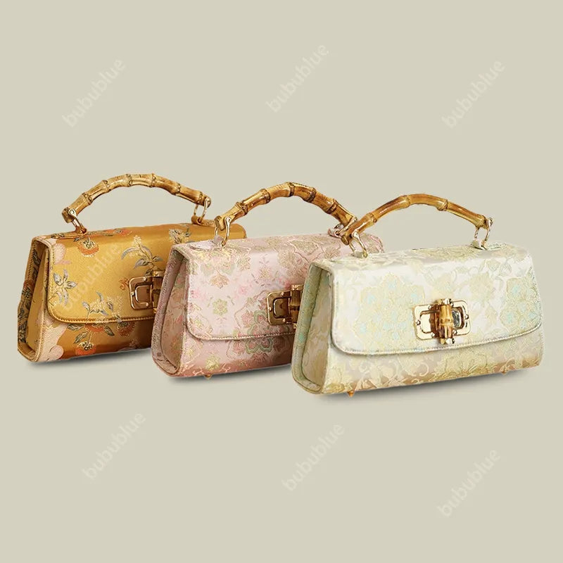 Vintage Gold Brocade Boston Evening Purse with Bamboo Handle