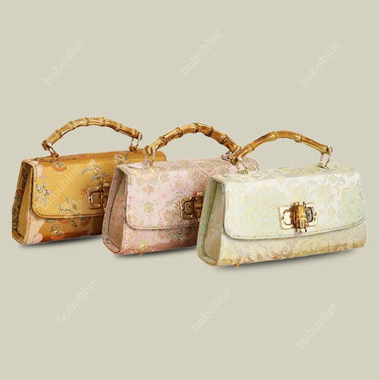Vintage Gold Brocade Boston Evening Purse with Bamboo Handle