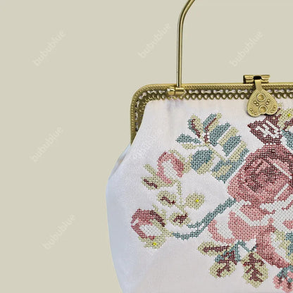 Vintage Rose Embroidered Purse with Metal Handle
