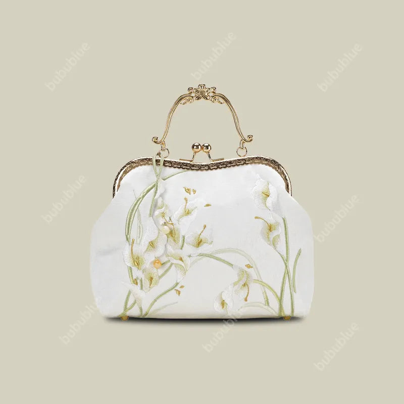 Calla Lily Embroidered Vintage Bride Clutch with Kiss Lock