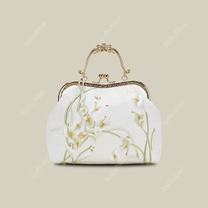 Calla Lily Embroidered Vintage Bride Clutch with Kiss Lock