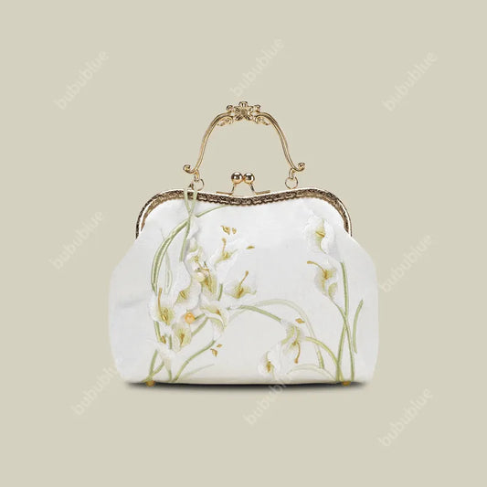 Calla Lily Embroidered Vintage Bride Clutch with Kiss Lock