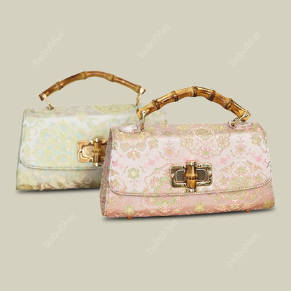 Vintage Gold Brocade Boston Evening Purse with Bamboo Handle