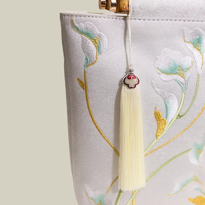 Embroidered Calla Lily Tote Bag with Wooden Handle