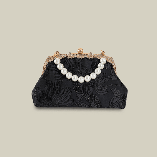 Floral Embroidered Pearl Handle Black Handbag