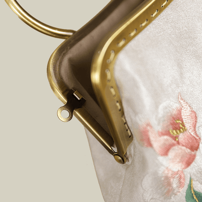 Peony Embroidered White Handbag with Metal Kiss-Lock