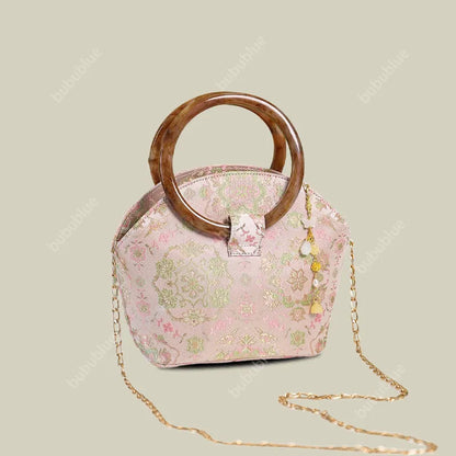 Round Wood Handle Shell Pink Brocade Bag Shaped Purse with Tasse