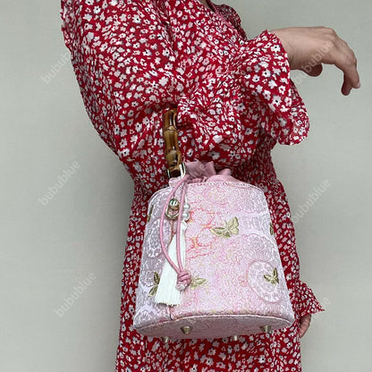 Golden Butterfly Embroidered Bucket Bag(Pink/Purple)