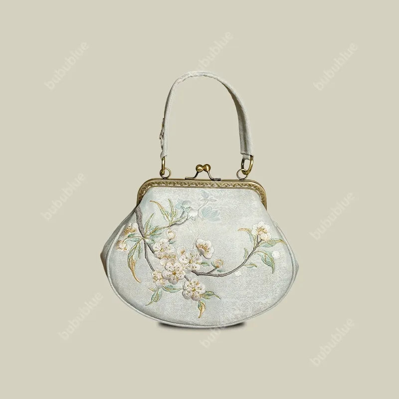 Vintage Pear Blossom Embroidered Shell Handbag with Kiss Lock